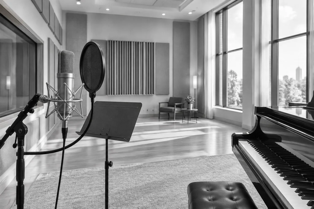 Microphone, pop filter and piano in a sunlit recording room
